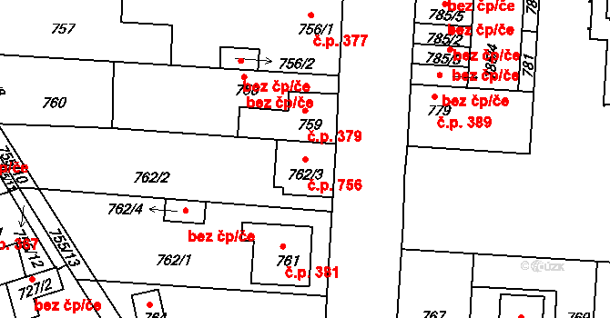 České Budějovice 2 756, České Budějovice na parcele st. 762/3 v KÚ České Budějovice 2, Katastrální mapa