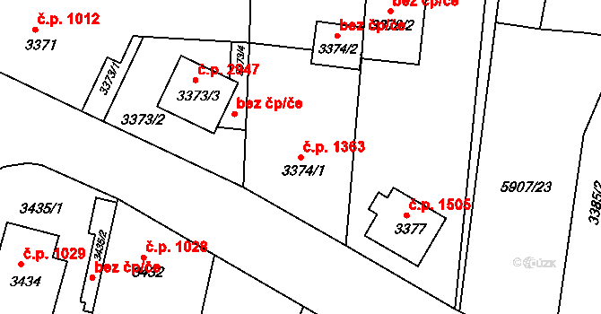 Česká Lípa 1363 na parcele st. 3374/1 v KÚ Česká Lípa, Katastrální mapa