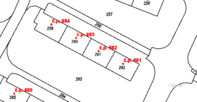 Šumbark 682, Havířov na parcele st. 261 v KÚ Šumbark, Katastrální mapa