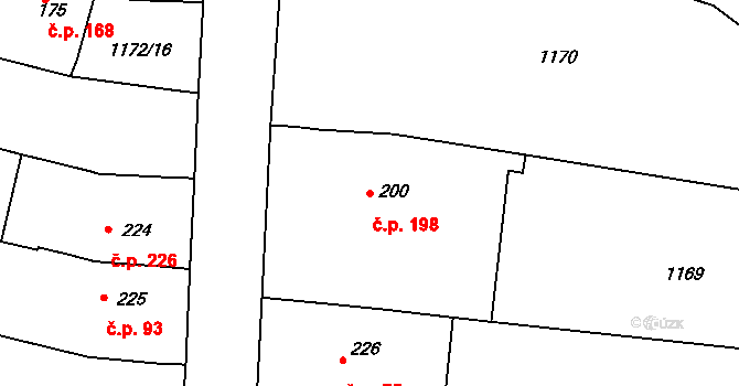 Čebín 198 na parcele st. 200 v KÚ Čebín, Katastrální mapa