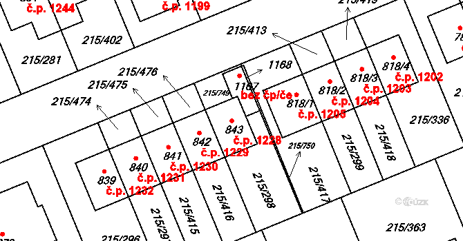 Rudná 1228 na parcele st. 843 v KÚ Hořelice, Katastrální mapa