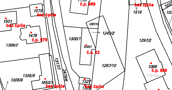 Luhačovice 12 na parcele st. 1243/1 v KÚ Luhačovice, Katastrální mapa