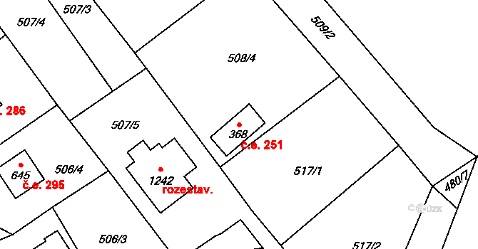 Radošovice 251, Říčany na parcele st. 368 v KÚ Říčany-Radošovice, Katastrální mapa