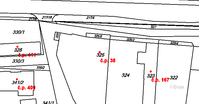 Zádveřice 38, Zádveřice-Raková na parcele st. 325 v KÚ Zádveřice, Katastrální mapa