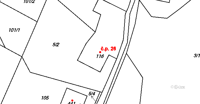 Vlčková 26 na parcele st. 116 v KÚ Vlčková, Katastrální mapa