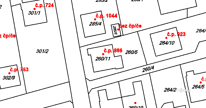 Kylešovice 866, Opava na parcele st. 260/11 v KÚ Kylešovice, Katastrální mapa