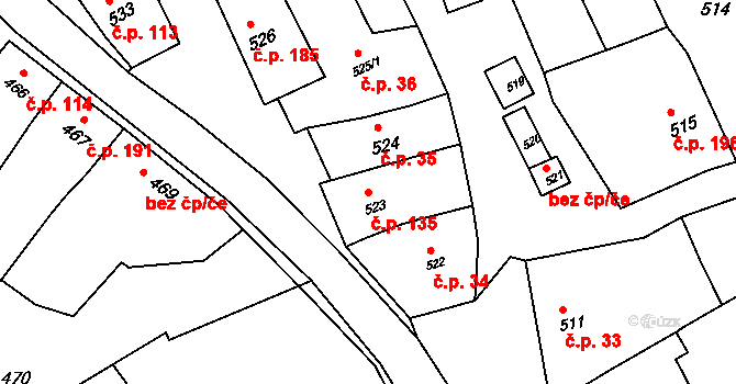 Kobeřice u Brna 135 na parcele st. 523 v KÚ Kobeřice u Brna, Katastrální mapa