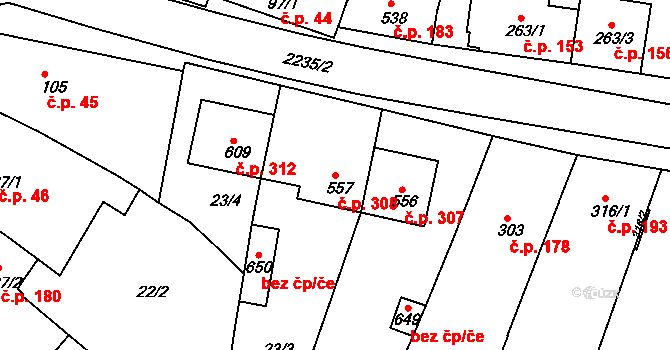 Prakšice 308 na parcele st. 557 v KÚ Prakšice, Katastrální mapa