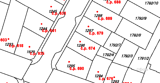 Budějovické Předměstí 674, Písek na parcele st. 1296 v KÚ Písek, Katastrální mapa