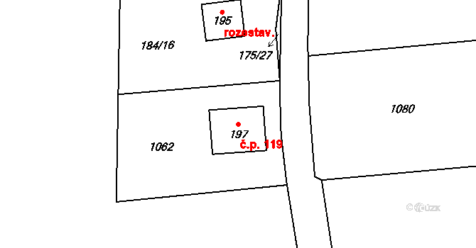 Radimovice 119 na parcele st. 197 v KÚ Radimovice u Sychrova, Katastrální mapa