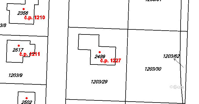 Dobřany 1227 na parcele st. 2499 v KÚ Dobřany, Katastrální mapa