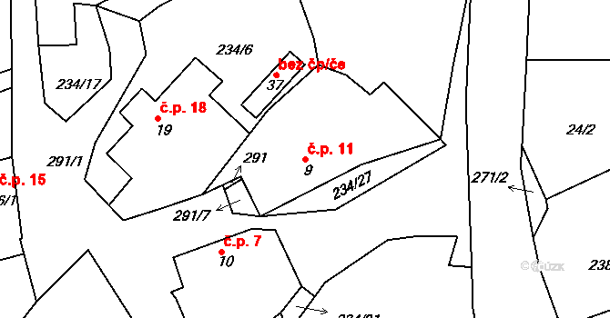Horní Dlužiny 11, Světlá nad Sázavou na parcele st. 9 v KÚ Horní Dlužiny, Katastrální mapa