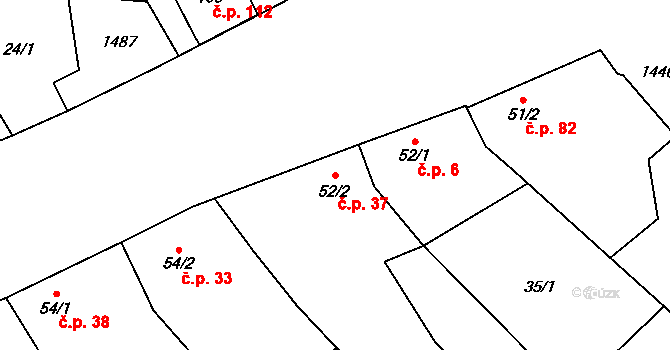 Chvalnov 37, Chvalnov-Lísky na parcele st. 52/2 v KÚ Chvalnov, Katastrální mapa