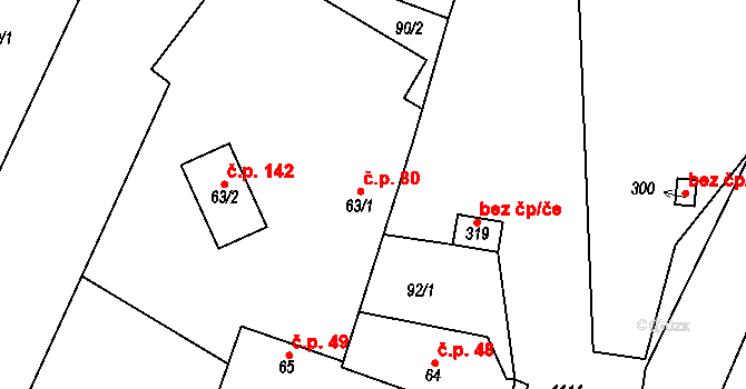 Mcely 80 na parcele st. 63/1 v KÚ Mcely, Katastrální mapa