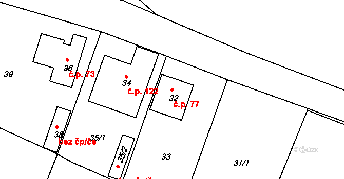 Hory 77 na parcele st. 32 v KÚ Hory u Jenišova, Katastrální mapa