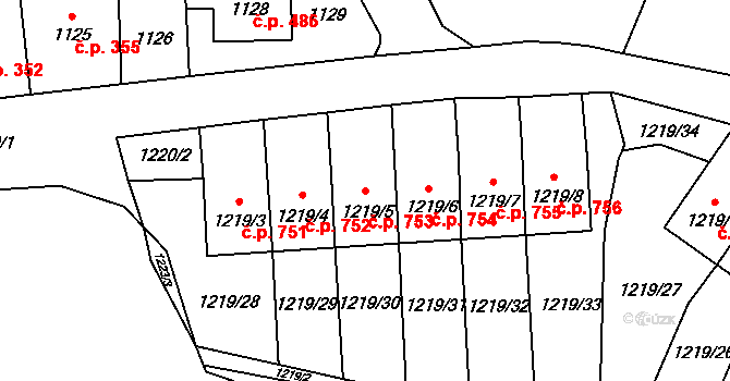 Doksy 753 na parcele st. 1219/5 v KÚ Doksy u Máchova jezera, Katastrální mapa