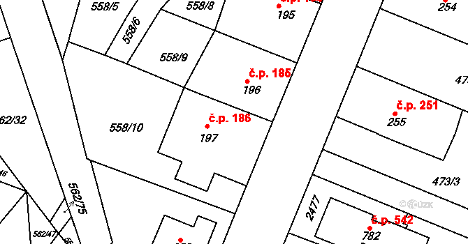 Předměřice nad Labem 186 na parcele st. 197 v KÚ Předměřice nad Labem, Katastrální mapa