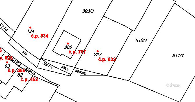 Chvalčov 632 na parcele st. 227 v KÚ Chvalčova Lhota, Katastrální mapa
