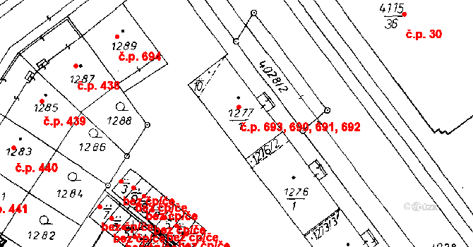 Poděbrady II 690,691,692,693, Poděbrady na parcele st. 1277/1 v KÚ Poděbrady, Katastrální mapa