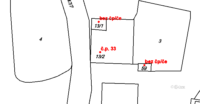 Hlavatce 33 na parcele st. 13/2 v KÚ Hlavatce u Českých Budějovic, Katastrální mapa