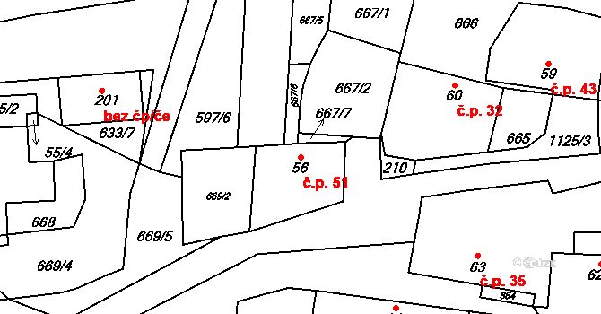 Malý Budíkov 51, Budíkov na parcele st. 56 v KÚ Budíkov, Katastrální mapa