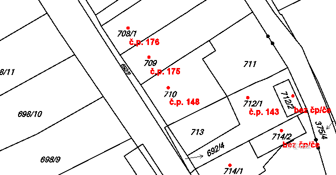 Bystřice 148, Dubí na parcele st. 710 v KÚ Dubí-Bystřice, Katastrální mapa
