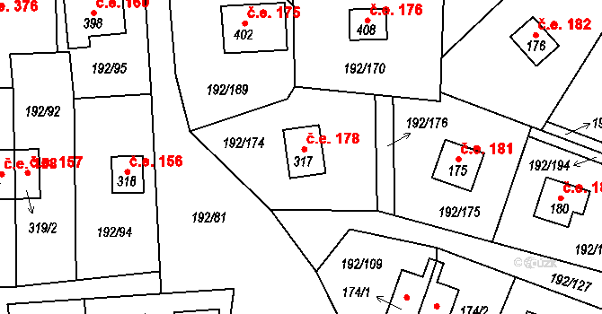 Dřenice 178, Cheb na parcele st. 317 v KÚ Dřenice u Chebu, Katastrální mapa