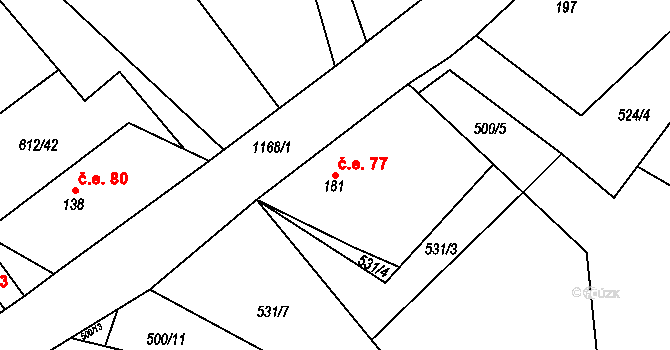 Háj 77, Loučná pod Klínovcem na parcele st. 181 v KÚ Háj u Loučné pod Klínovcem, Katastrální mapa