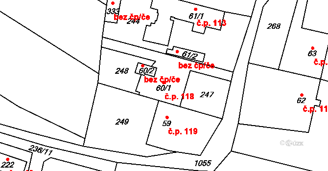 Želízy 118 na parcele st. 60/1 v KÚ Želízy, Katastrální mapa