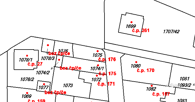 Řeporyje 176, Praha na parcele st. 1075 v KÚ Řeporyje, Katastrální mapa
