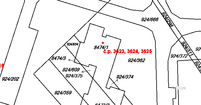 Hodonín 3623,3624,3625 na parcele st. 8474/1 v KÚ Hodonín, Katastrální mapa