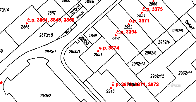 Chomutov 3874 na parcele st. 2951 v KÚ Chomutov I, Katastrální mapa