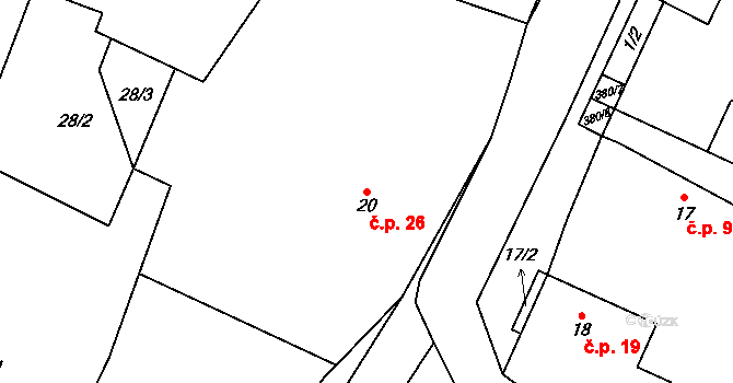 Trnová 26, Katusice na parcele st. 20 v KÚ Trnová u Katusic, Katastrální mapa