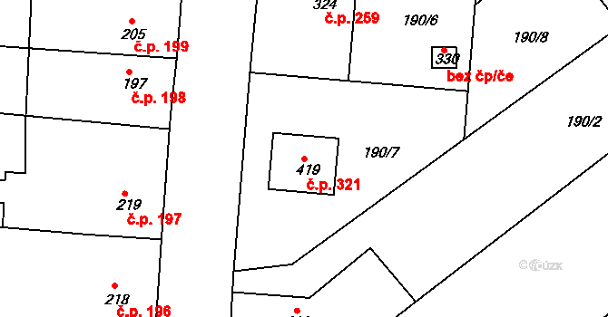 Rosice 321 na parcele st. 419 v KÚ Rosice u Chrasti, Katastrální mapa