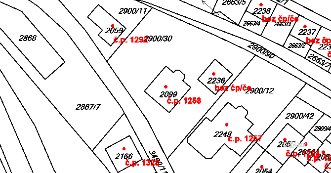Rosice 1258 na parcele st. 2099 v KÚ Rosice u Brna, Katastrální mapa