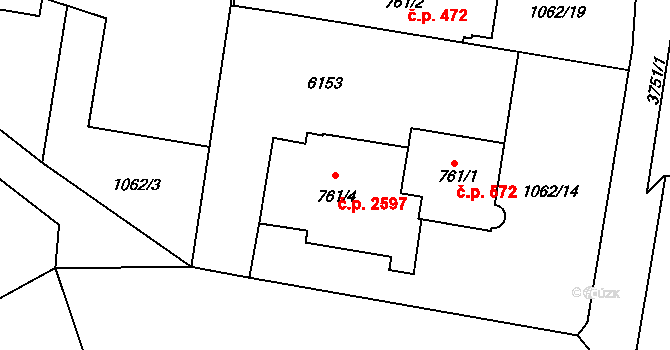 Rožnov pod Radhoštěm 2597 na parcele st. 761/4 v KÚ Rožnov pod Radhoštěm, Katastrální mapa