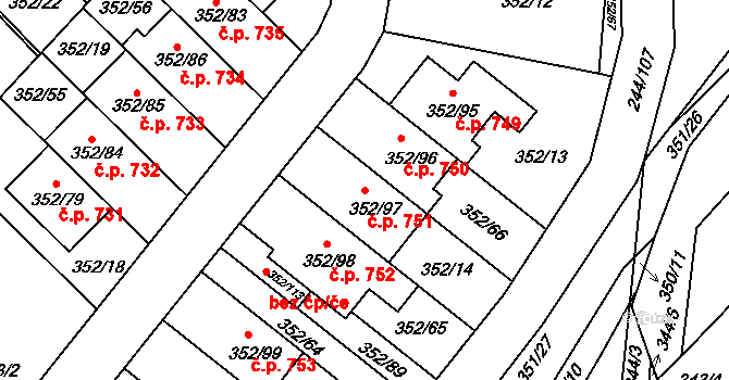 Hrušovany u Brna 751 na parcele st. 352/97 v KÚ Hrušovany u Brna, Katastrální mapa