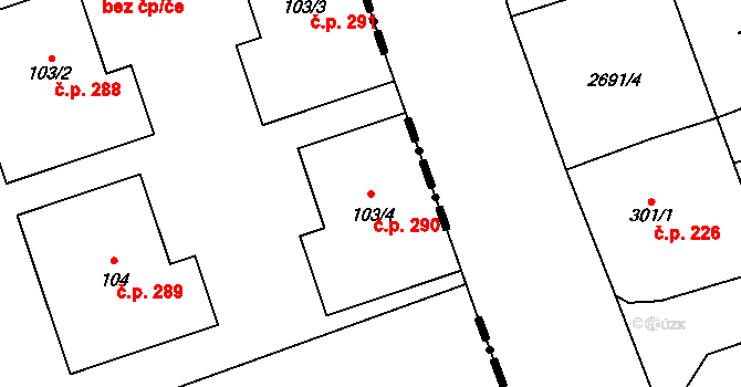 Antonínův Důl 290, Jihlava na parcele st. 103/4 v KÚ Antonínův Důl, Katastrální mapa