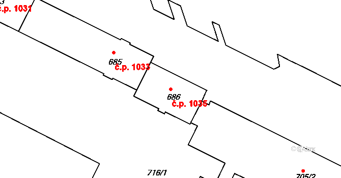 Poruba 1035, Ostrava na parcele st. 686 v KÚ Poruba, Katastrální mapa