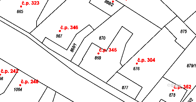 Měřín 345 na parcele st. 869 v KÚ Měřín, Katastrální mapa