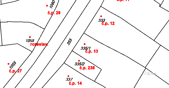 Pustiměř 13 na parcele st. 335/1 v KÚ Pustiměř, Katastrální mapa