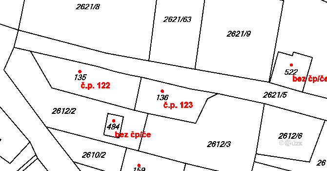 Ledce 123 na parcele st. 136 v KÚ Ledce u Plzně, Katastrální mapa