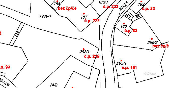 Všeruby 219 na parcele st. 202/1 v KÚ Všeruby u Plzně, Katastrální mapa