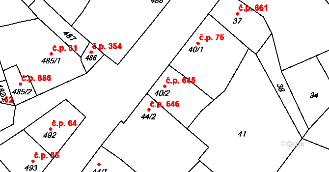 Rájec 645, Rájec-Jestřebí na parcele st. 40/2 v KÚ Rájec nad Svitavou, Katastrální mapa