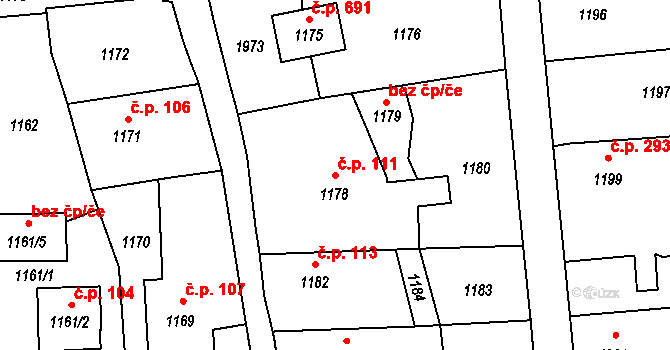 Postřelmov 111 na parcele st. 1178 v KÚ Postřelmov, Katastrální mapa