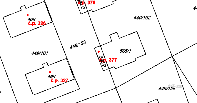 Merklín 377 na parcele st. 565/2 v KÚ Merklín u Přeštic, Katastrální mapa