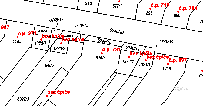 Velké Bílovice 731 na parcele st. 919/4 v KÚ Velké Bílovice, Katastrální mapa