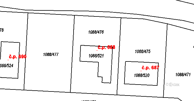 České Velenice 688 na parcele st. 1088/521 v KÚ České Velenice, Katastrální mapa