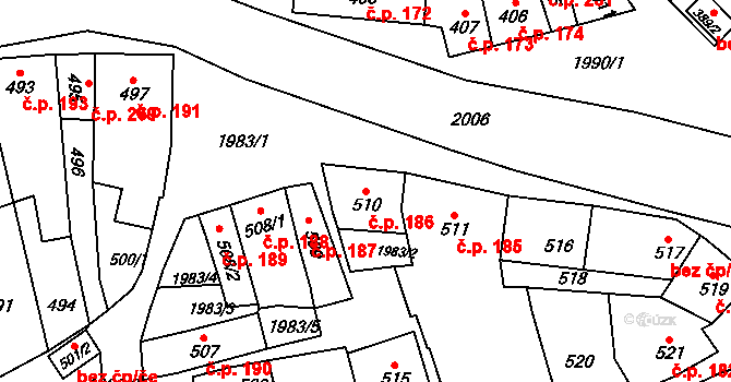 Určice 186 na parcele st. 510 v KÚ Určice, Katastrální mapa