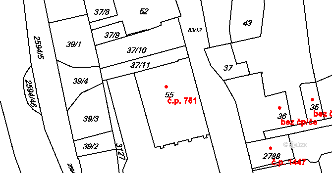 Lipník nad Bečvou I-Město 751, Lipník nad Bečvou na parcele st. 55 v KÚ Lipník nad Bečvou, Katastrální mapa